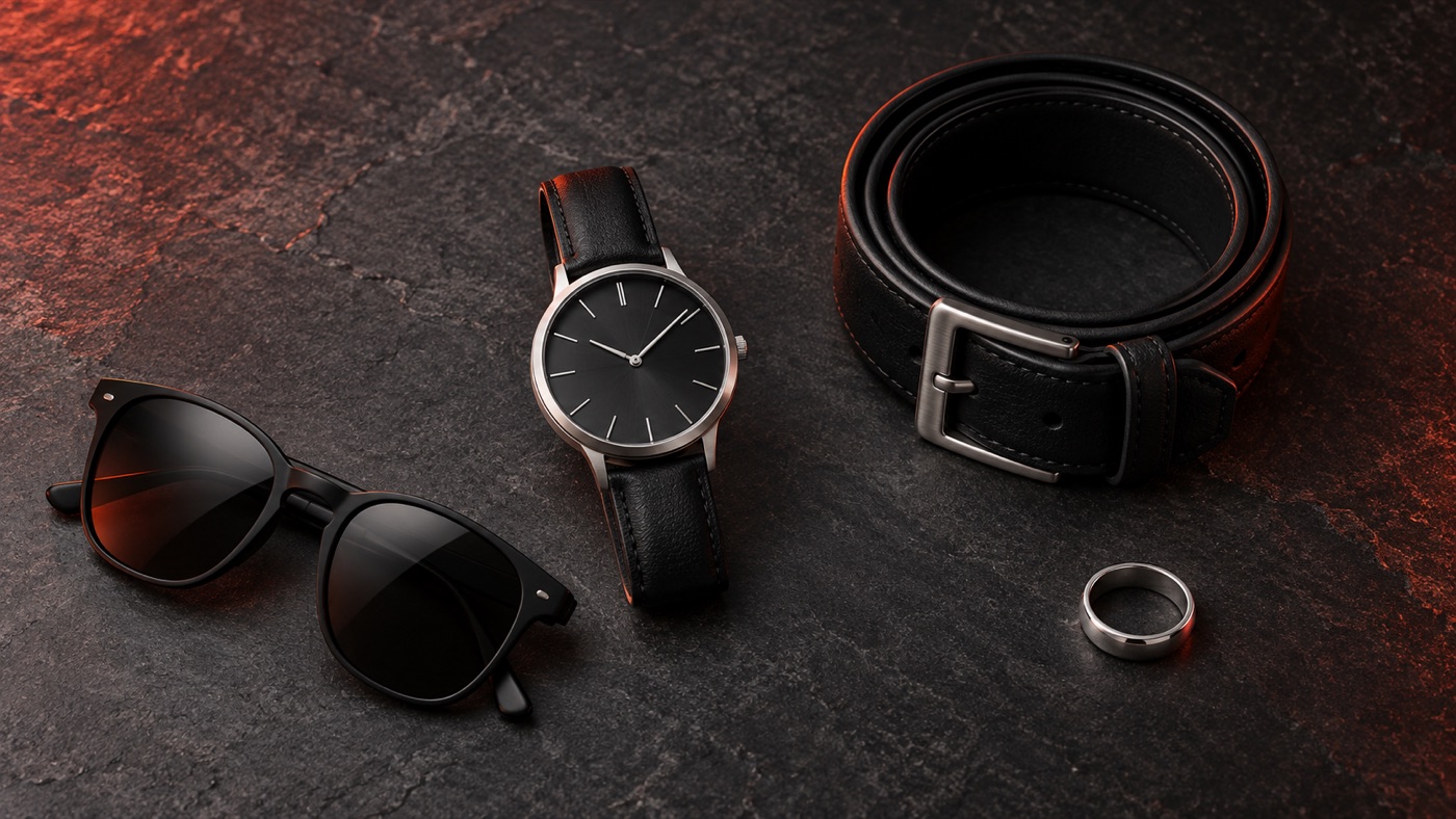 Watch, belt, sunglasses and ring arranged on dark stone