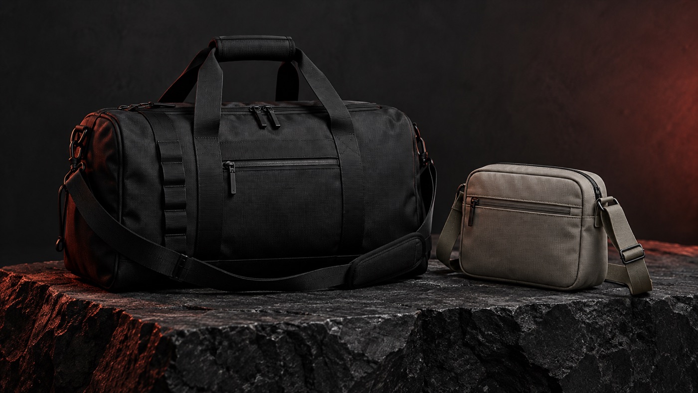 Black utility duffel and neutral crossbody bag
