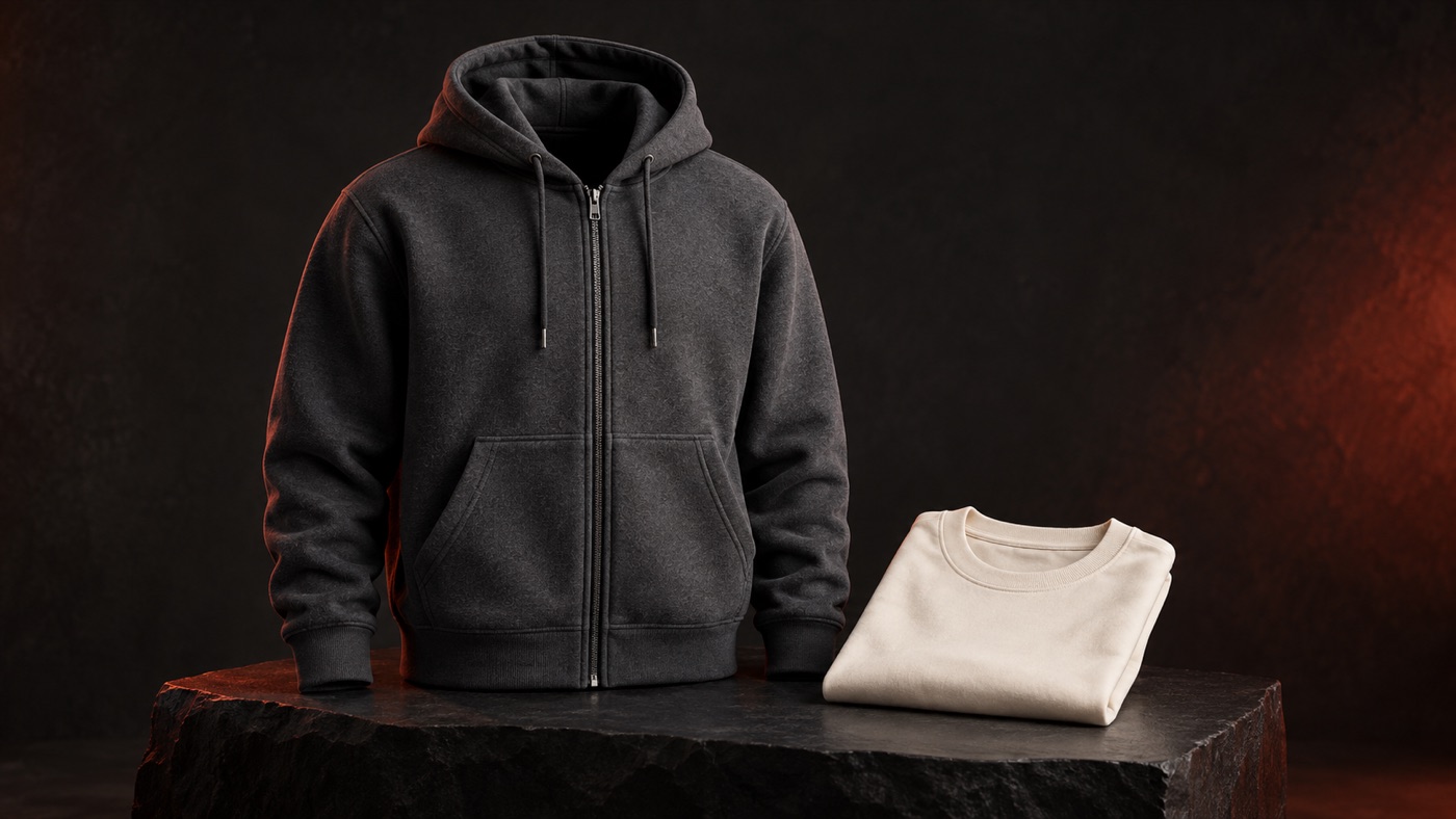 Charcoal hoodie and folded cream T-shirt
