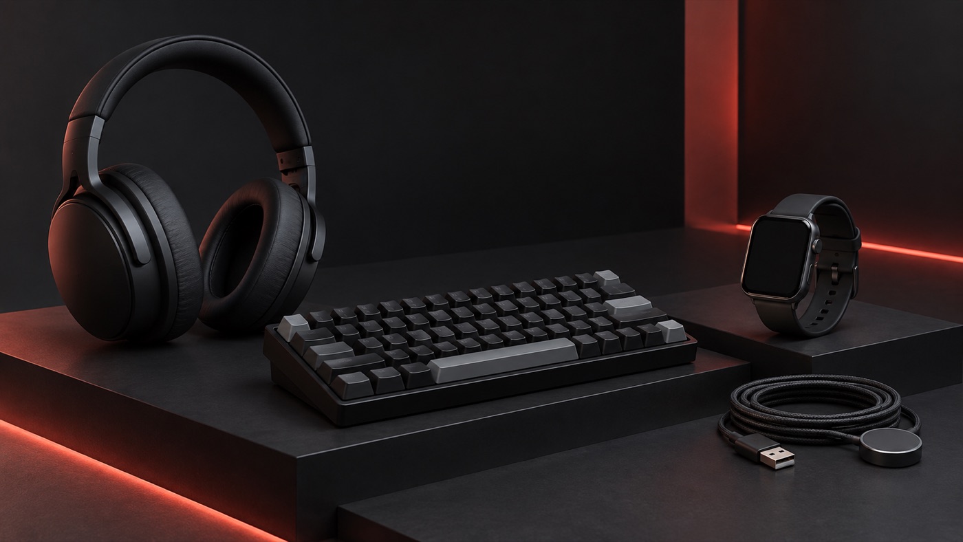 Headphones, keyboard, smartwatch and charging cable