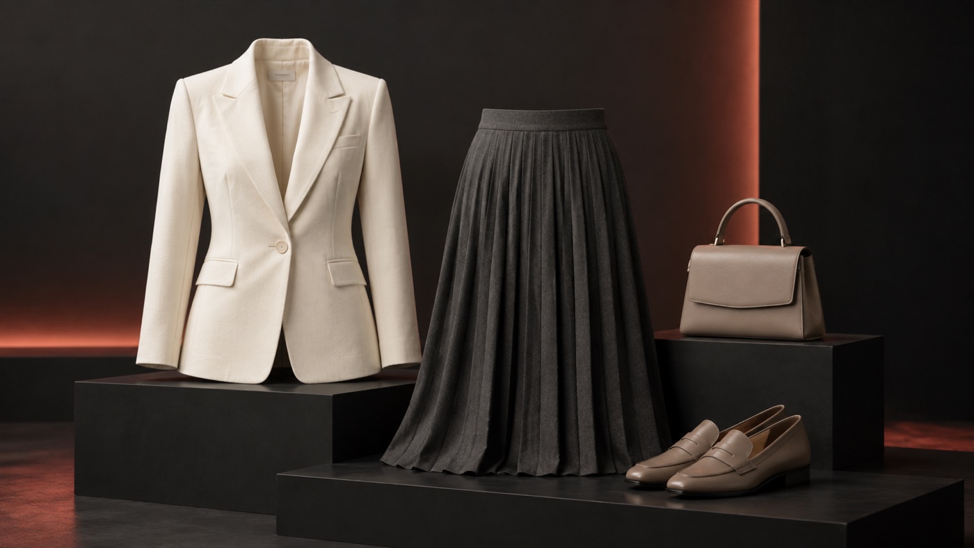 Ivory blazer, charcoal skirt, handbag and loafers